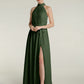 Vestidos de chiffon de cuello alto con abertura y lazo de cinturón Verde Oliva Tallas Grandes