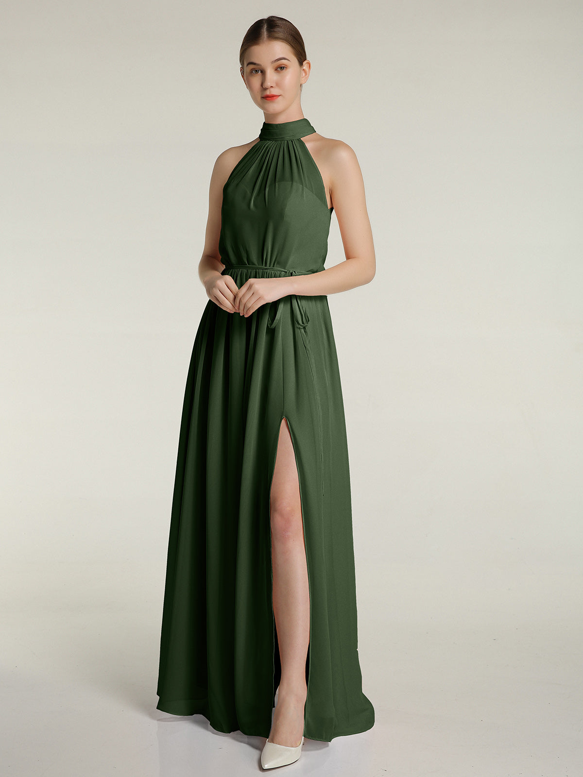 Vestidos de chiffon de cuello alto con abertura y lazo de cinturón Verde Oliva Tallas Grandes