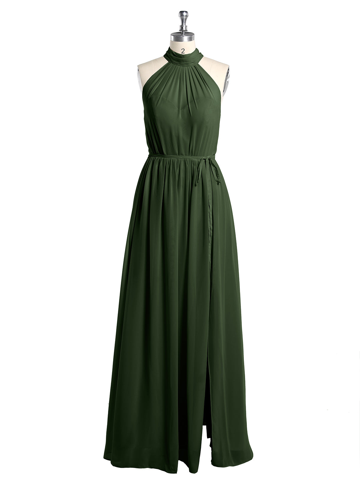 Vestidos de chiffon de cuello alto con abertura y lazo de cinturón Verde Oliva