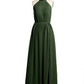 Vestidos de chiffon de cuello alto con abertura y lazo de cinturón Verde Oliva Tallas Grandes