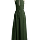 Vestidos de chiffon de cuello alto con abertura y lazo de cinturón Verde Oliva Tallas Grandes