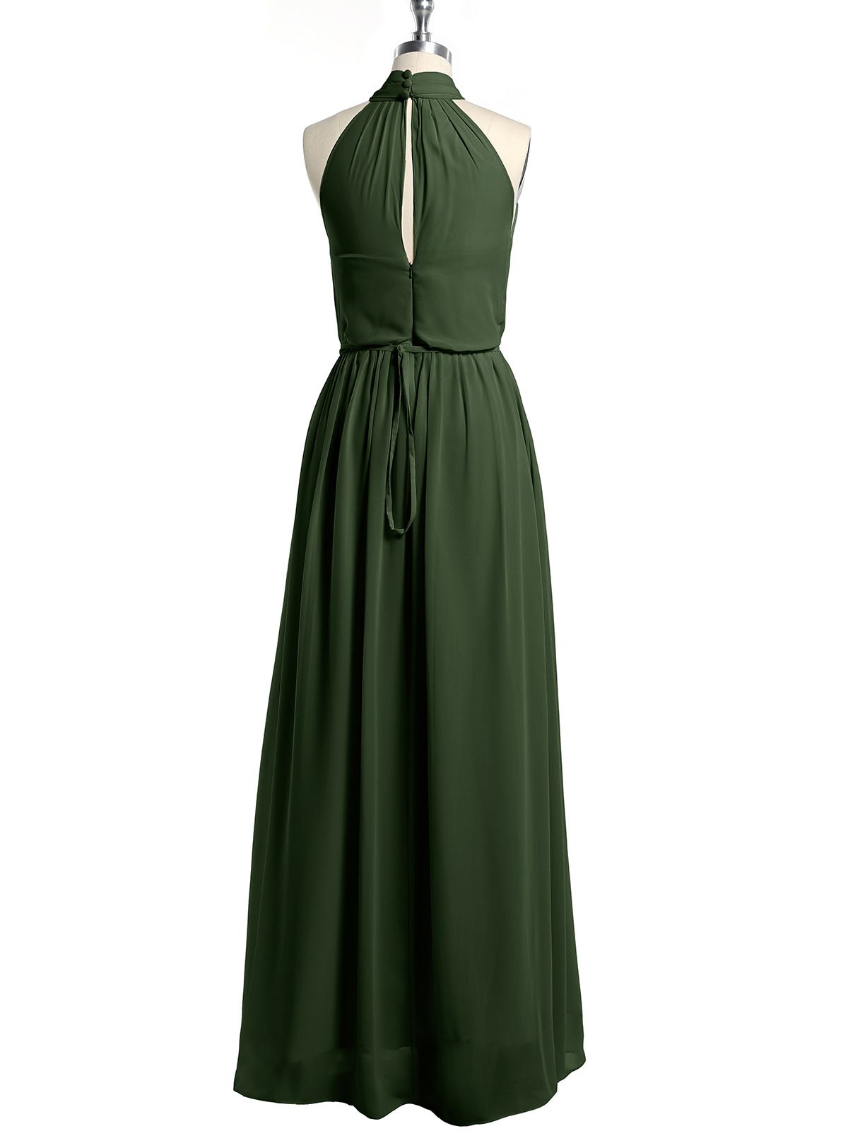 Vestidos de chiffon de cuello alto con abertura y lazo de cinturón Verde Oliva Tallas Grandes