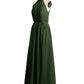 Vestidos de chiffon de cuello alto con abertura y lazo de cinturón Verde Oliva Tallas Grandes