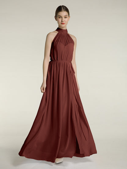 Vestidos de chiffon de cuello alto con abertura y lazo de cinturón Terracota