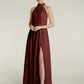 Vestidos de chiffon de cuello alto con abertura y lazo de cinturón Terracota
