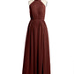 Vestidos de chiffon de cuello alto con abertura y lazo de cinturón Terracota
