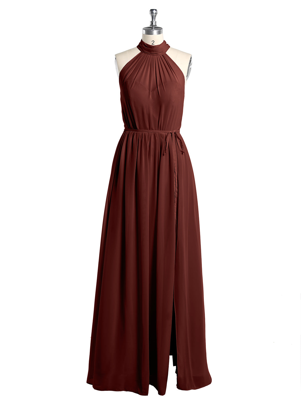 Vestidos de chiffon de cuello alto con abertura y lazo de cinturón Terracota