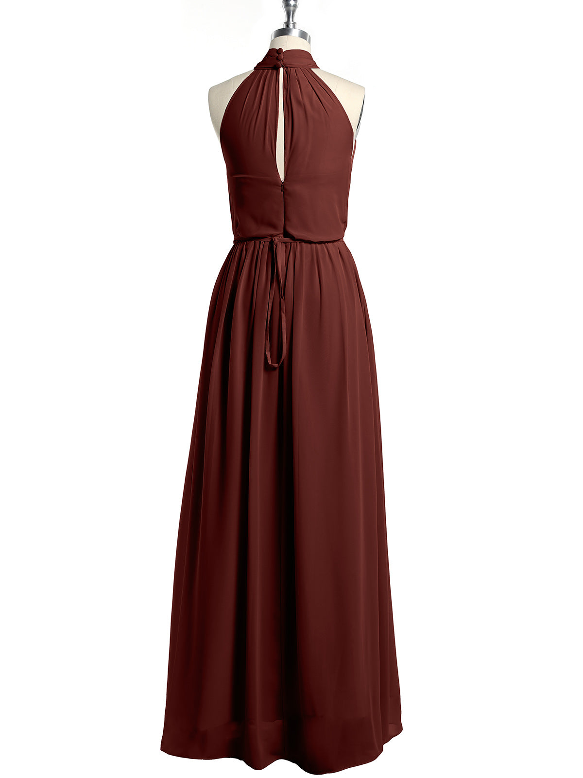 Vestidos de chiffon de cuello alto con abertura y lazo de cinturón Terracota