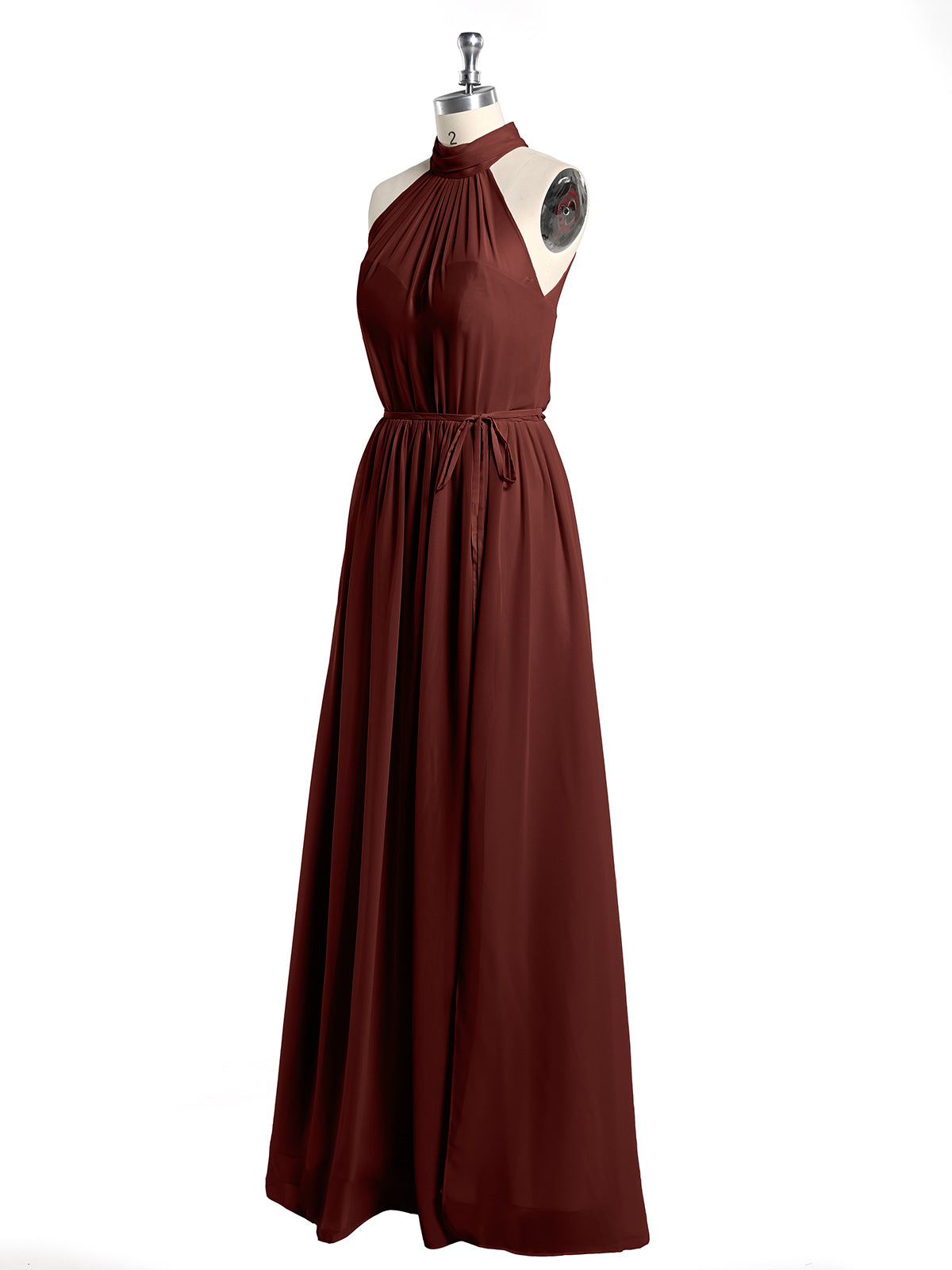 Vestidos de chiffon de cuello alto con abertura y lazo de cinturón Terracota