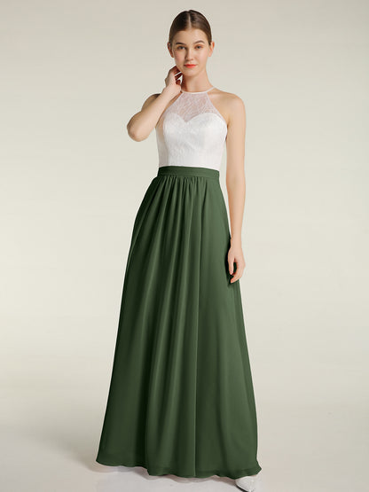 Vestidos largos de chiffon con cuerpo de encaje marfil Verde Oliva