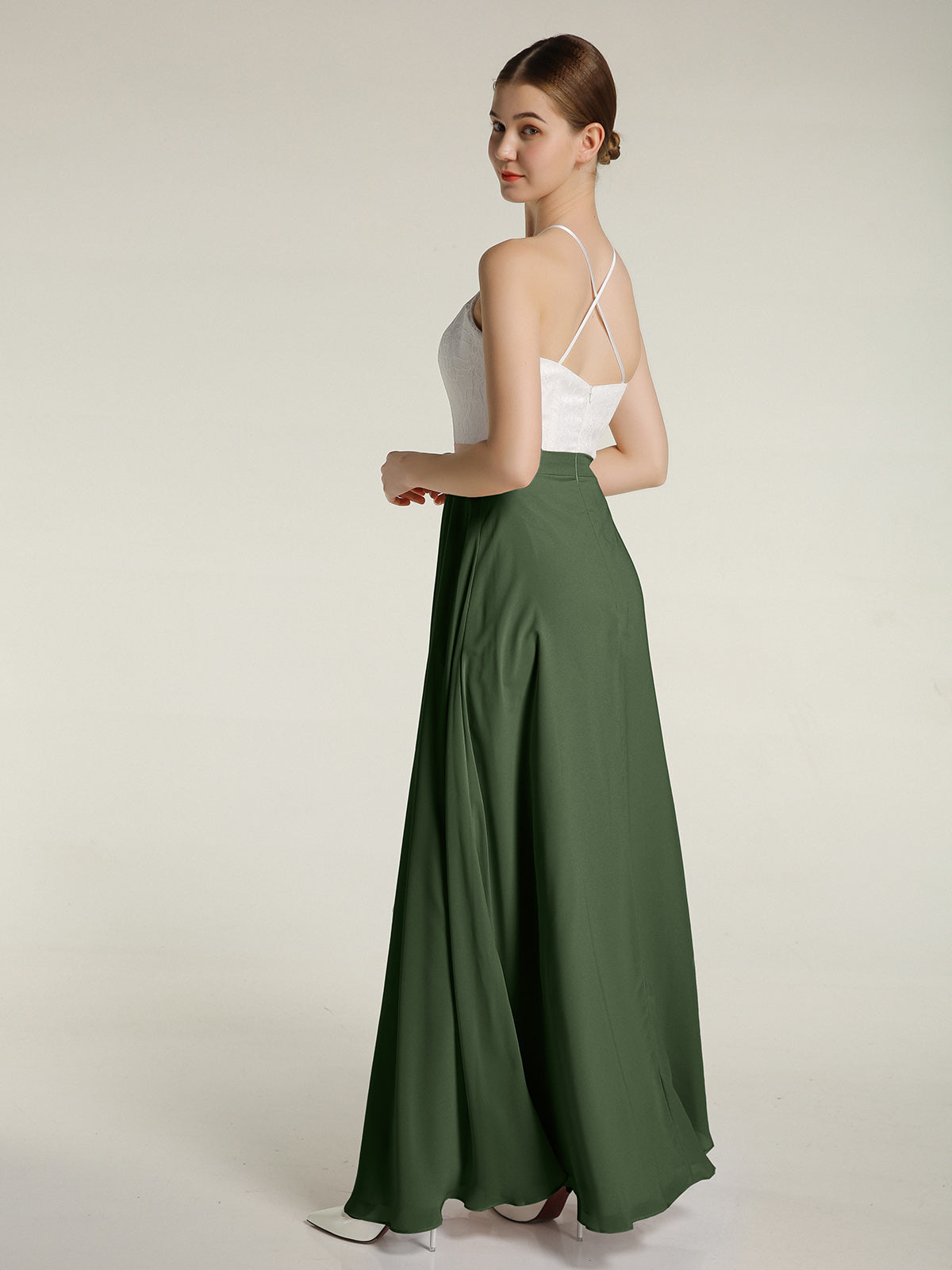 Vestidos largos de chiffon con cuerpo de encaje marfil Verde Oliva