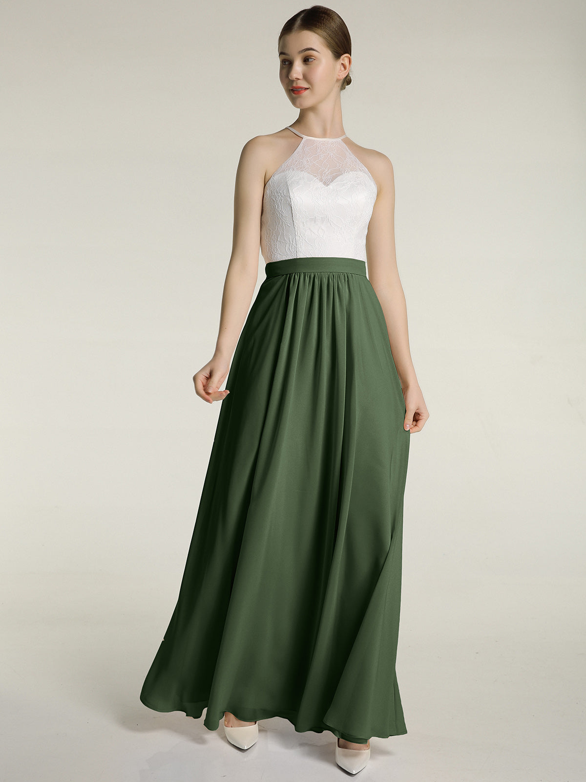 Vestidos largos de chiffon con cuerpo de encaje marfil Verde Oliva Tallas Grandes