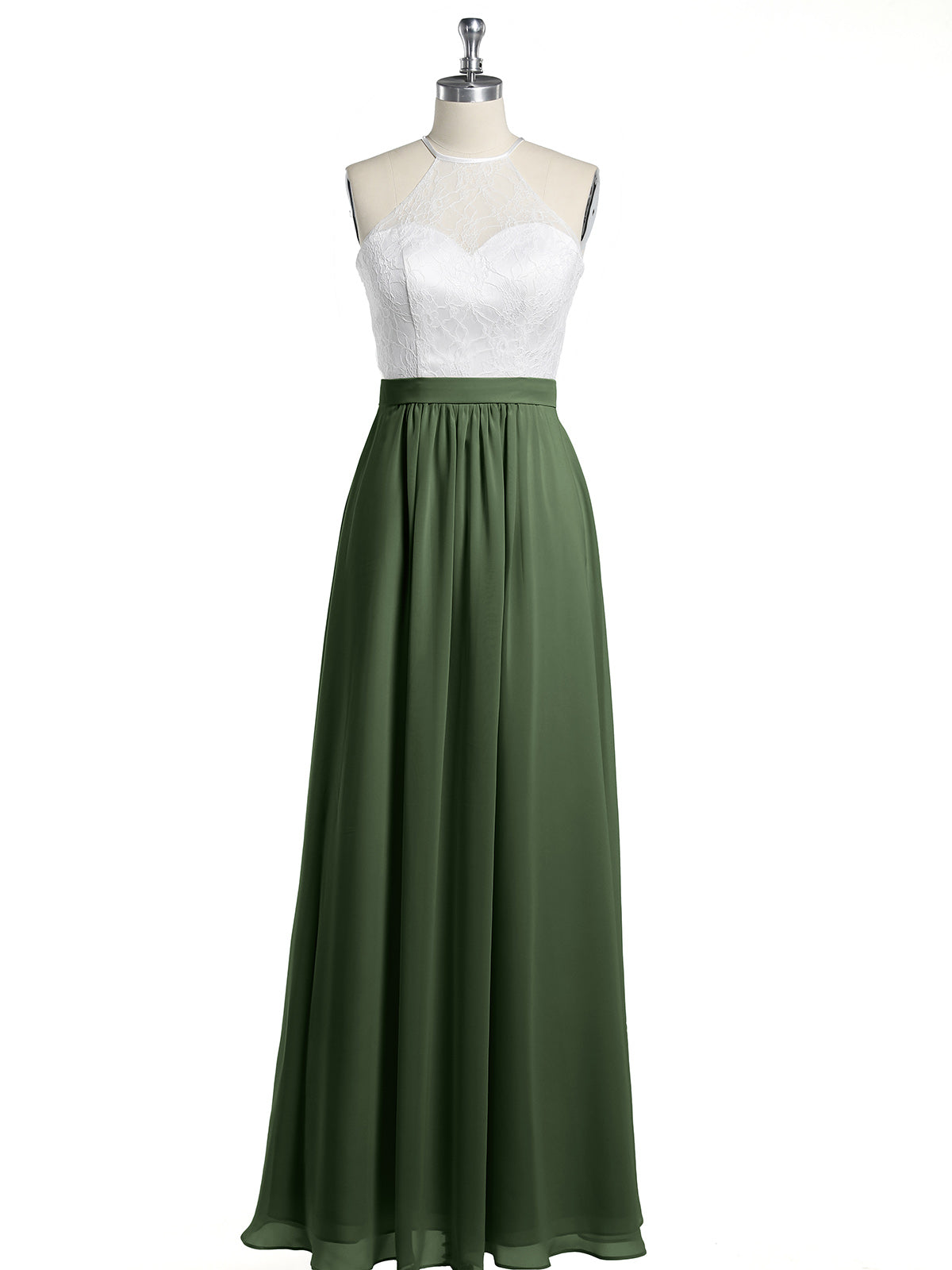 Vestidos largos de chiffon con cuerpo de encaje marfil Verde Oliva