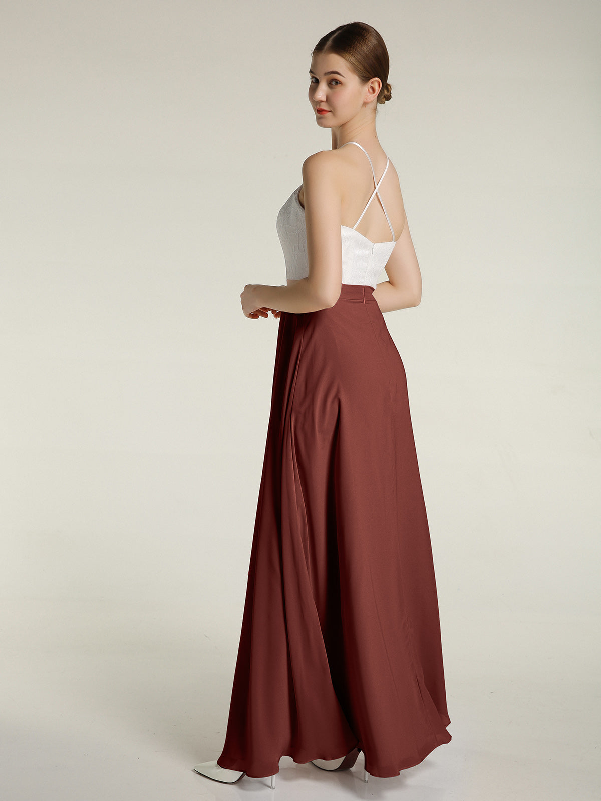 Vestidos largos de chiffon con cuerpo de encaje marfil Terracota Tallas Grandes