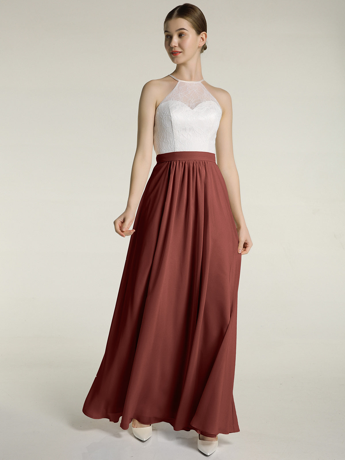 Vestidos largos de chiffon con cuerpo de encaje marfil Terracota