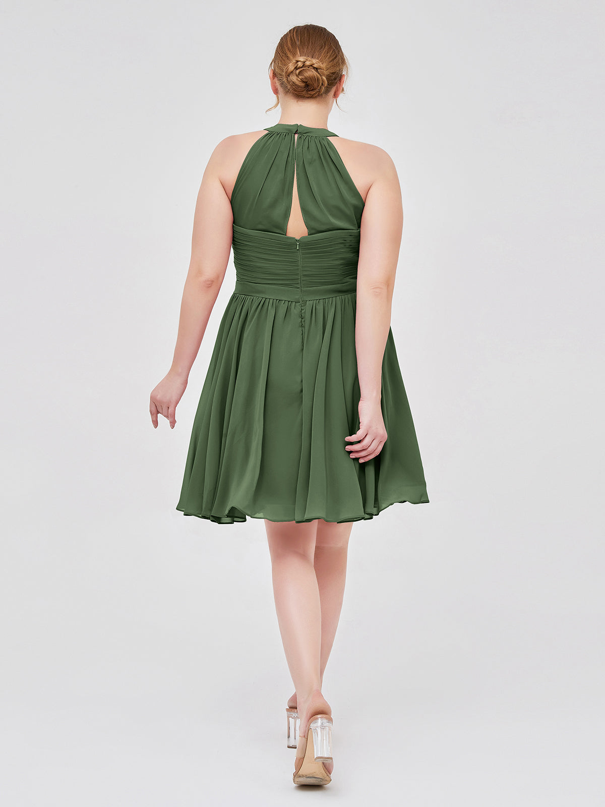 Vestidos cortos de chiffon estilo halter para damas de honor Verde Oliva Tallas Grandes