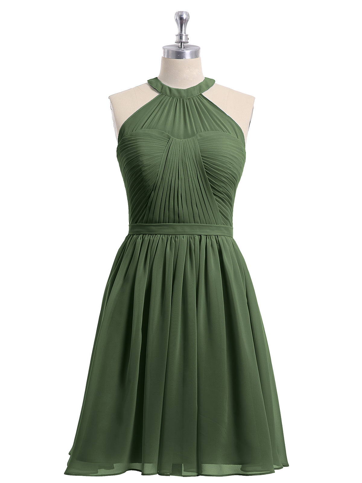 Vestidos cortos de chiffon estilo halter para damas de honor Verde Oliva Tallas Grandes