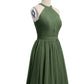 Vestidos cortos de chiffon estilo halter para damas de honor Verde Oliva Tallas Grandes