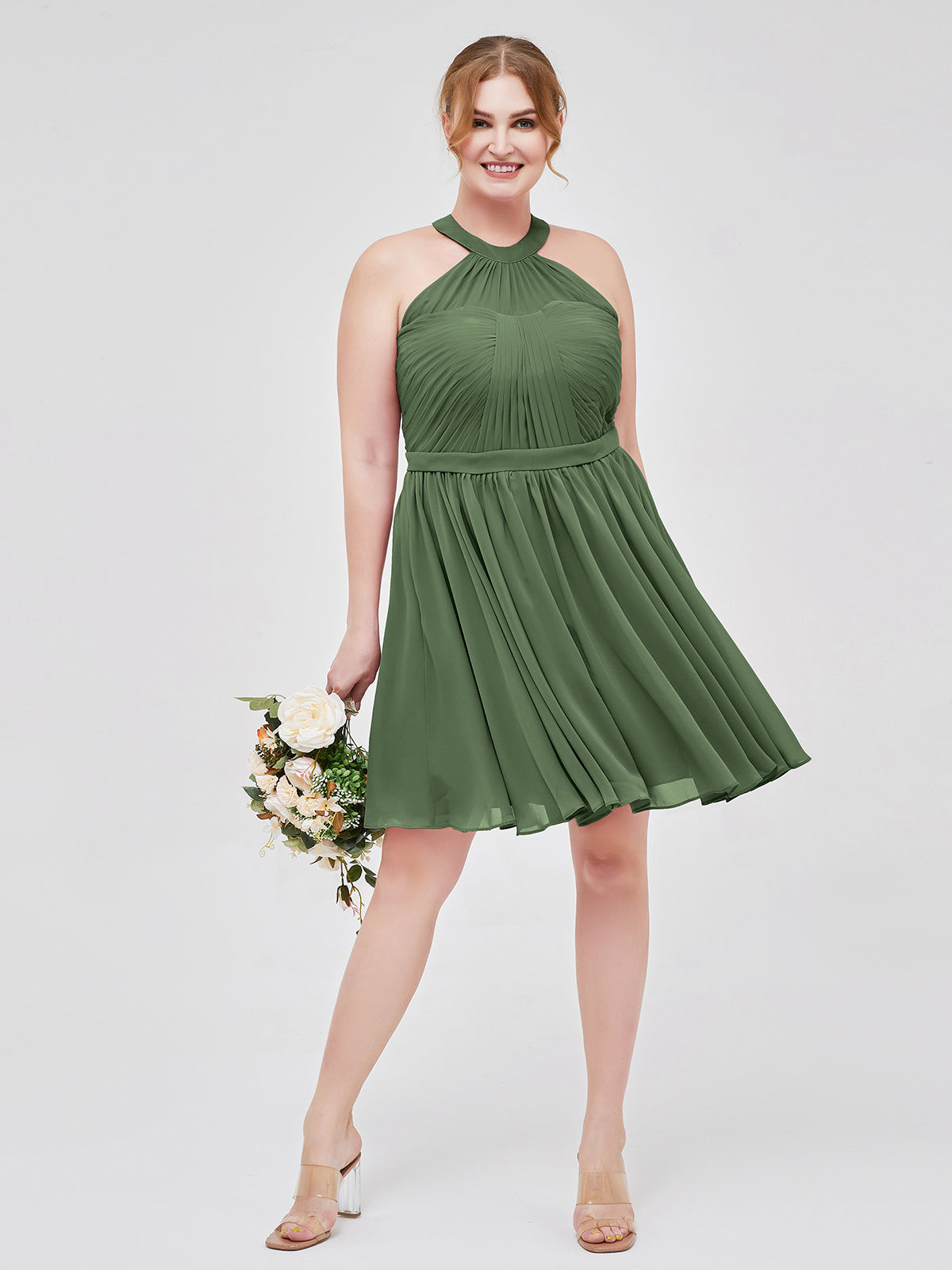 Vestidos cortos de chiffon estilo halter para damas de honor Verde Oliva Tallas Grandes