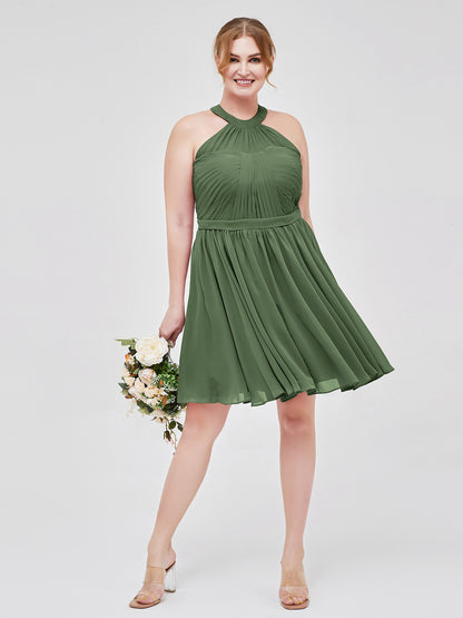 Vestidos cortos de chiffon estilo halter para damas de honor Verde Oliva Tallas Grandes