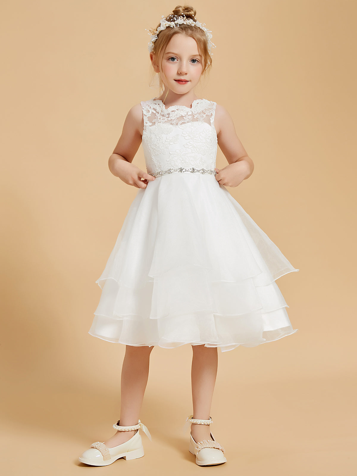 Elegante Vestido De Niña De Las Flores Sin Mangas Con Cuello Redondo Y Encaje