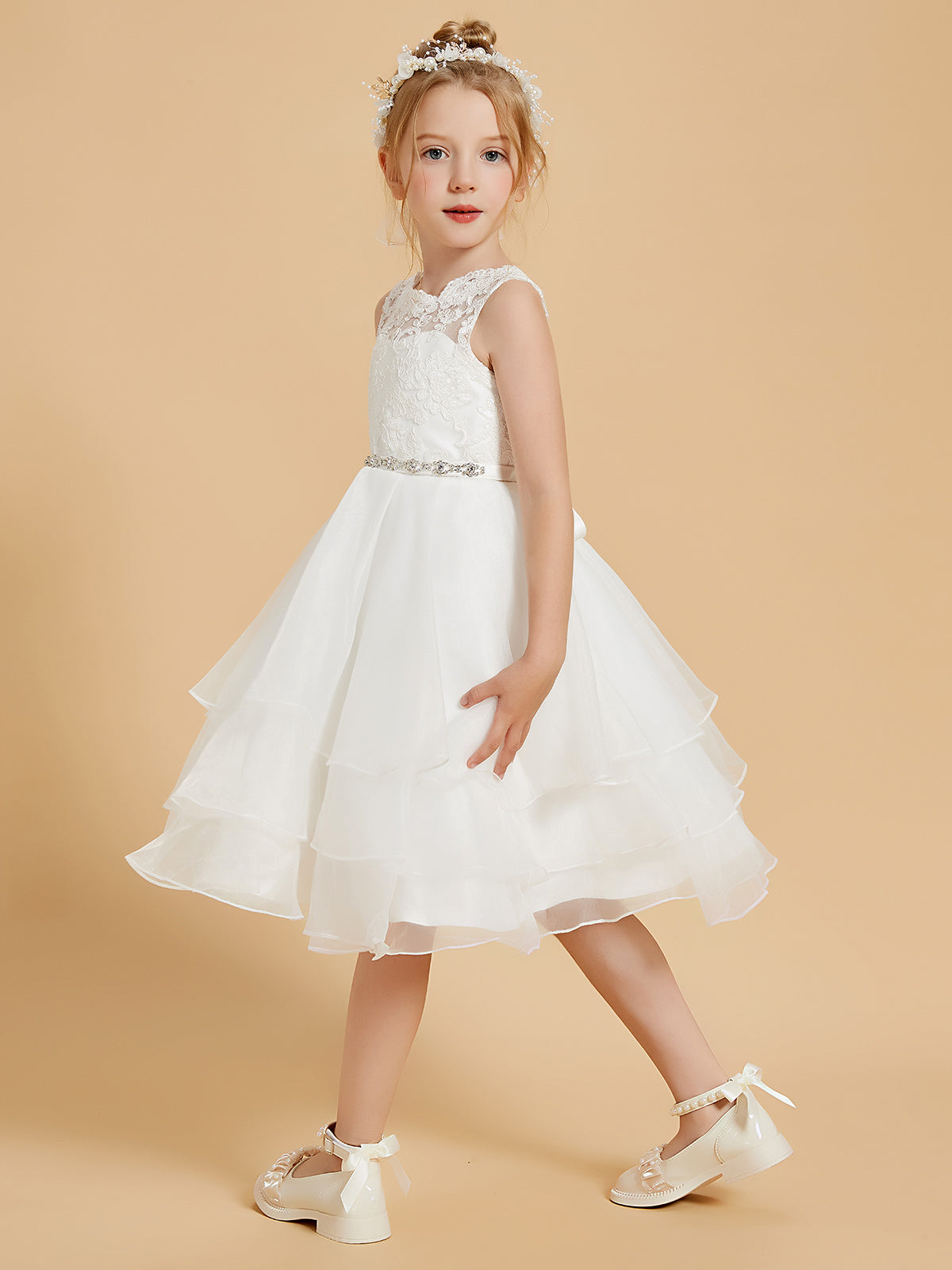 Elegante Vestido De Niña De Las Flores Sin Mangas Con Cuello Redondo Y Encaje