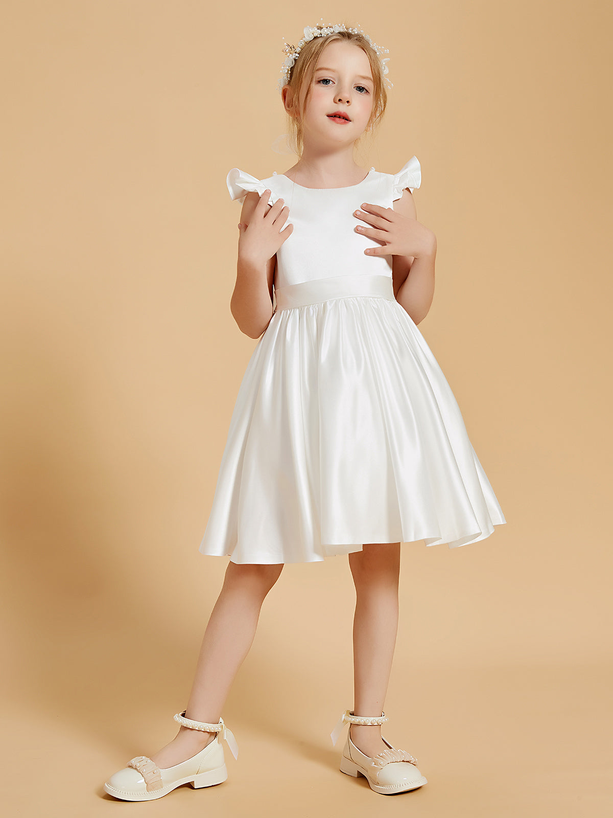 Vestidos De Niña De Las Flores De Longitud De La Rodilla Con Cuello Redondo Elegante Y Mangas Con Volantes