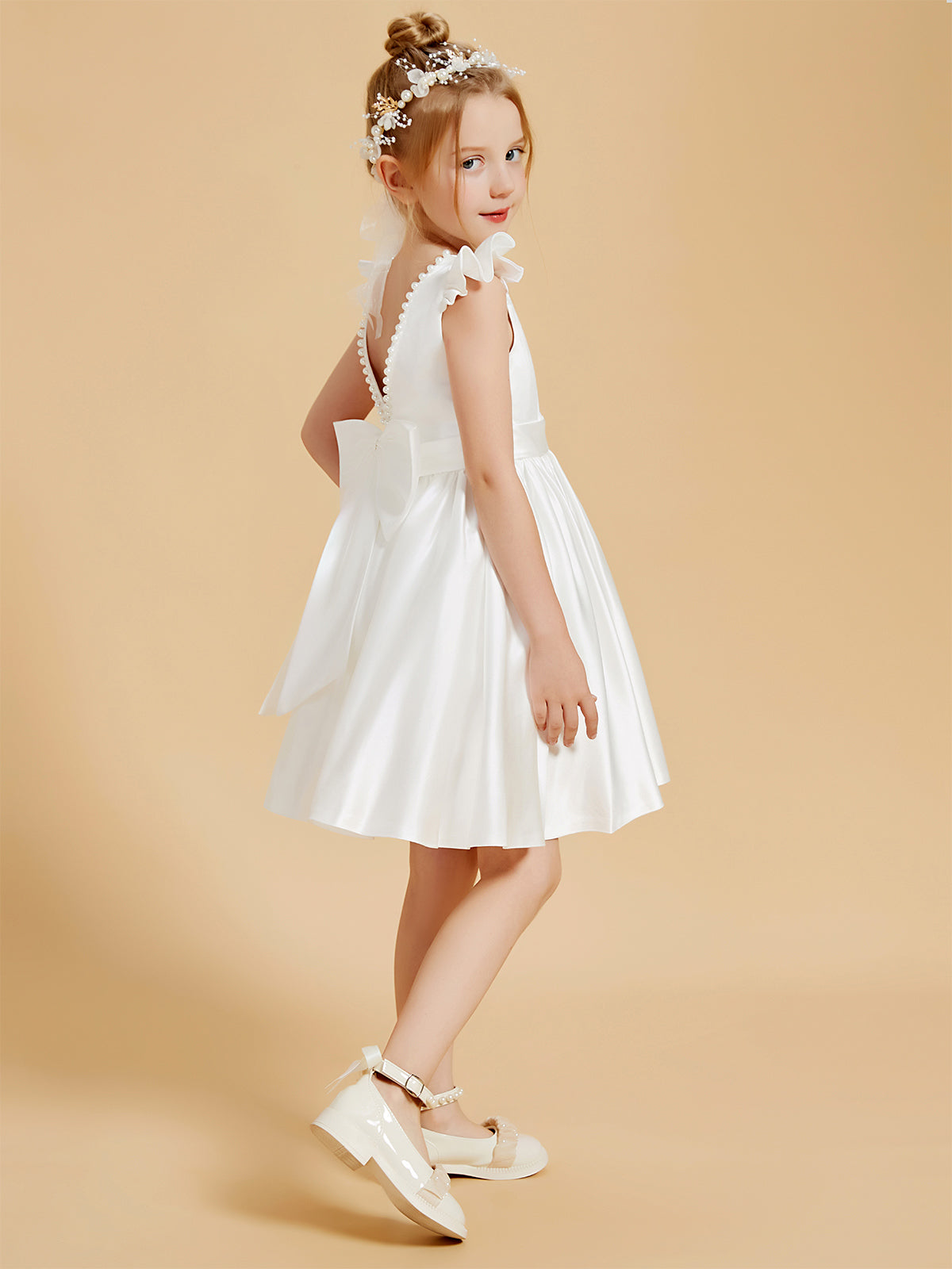 Vestidos De Niña De Las Flores De Longitud De La Rodilla Con Cuello Redondo Elegante Y Mangas Con Volantes