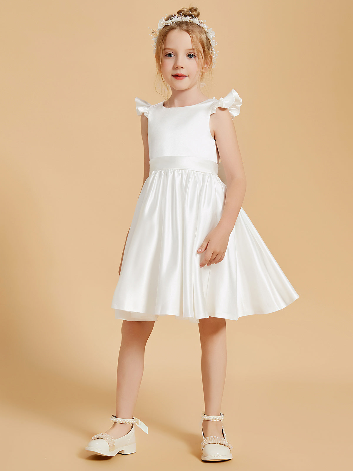 Vestidos De Niña De Las Flores De Longitud De La Rodilla Con Cuello Redondo Elegante Y Mangas Con Volantes