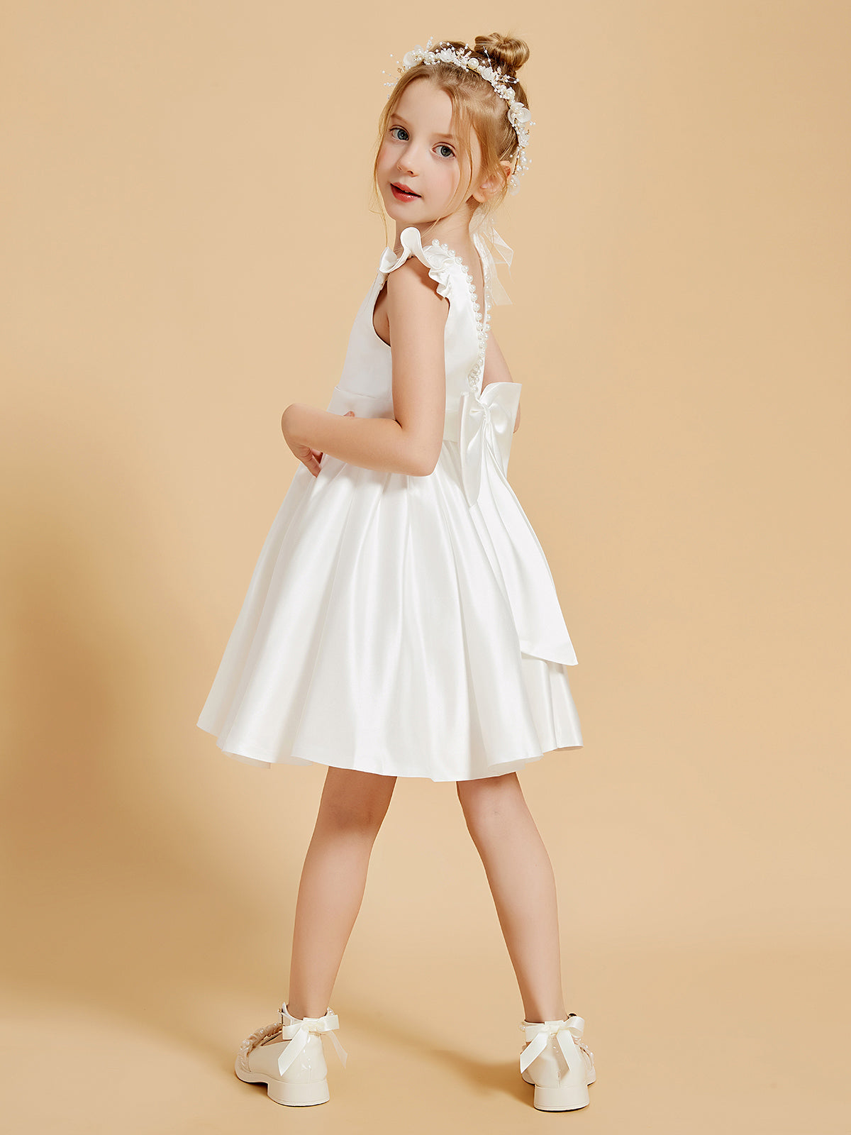 Vestidos De Niña De Las Flores De Longitud De La Rodilla Con Cuello Redondo Elegante Y Mangas Con Volantes