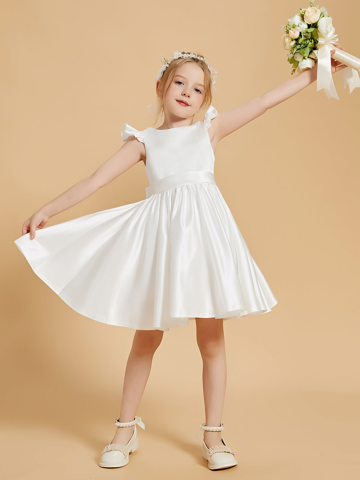 Vestidos De Niña De Las Flores De Longitud De La Rodilla Con Cuello Redondo Elegante Y Mangas Con Volantes