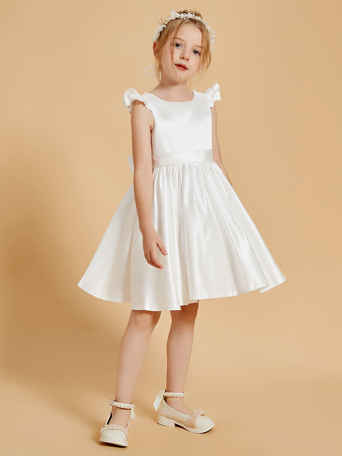 Vestidos De Niña De Las Flores De Longitud De La Rodilla Con Cuello Redondo Elegante Y Mangas Con Volantes