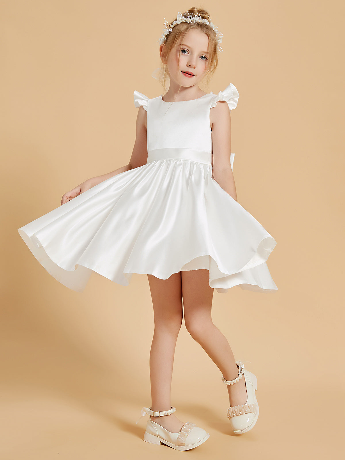 Vestidos De Niña De Las Flores De Longitud De La Rodilla Con Cuello Redondo Elegante Y Mangas Con Volantes