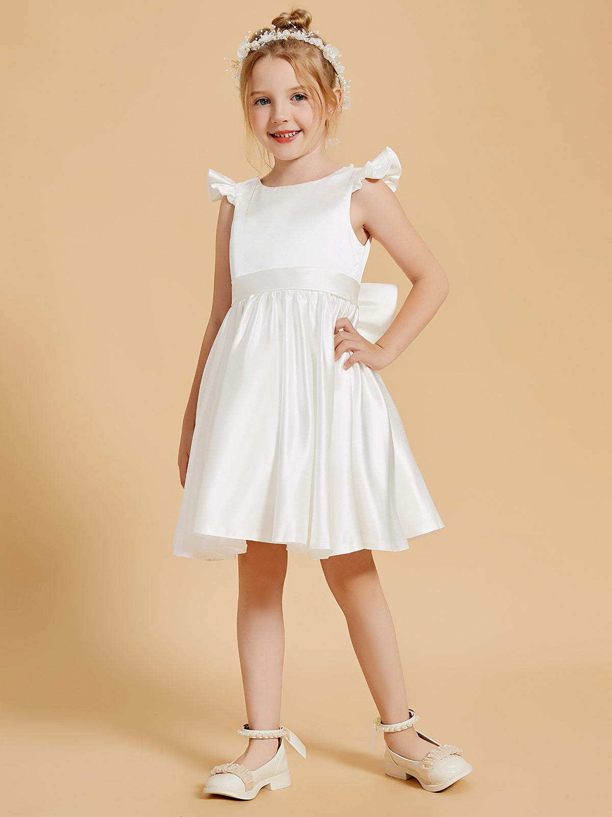 Vestidos De Niña De Las Flores De Longitud De La Rodilla Con Cuello Redondo Elegante Y Mangas Con Volantes