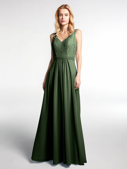 Vestido maxi con cuerpo de encaje y falda de chiffon con escote en V Verde Oliva