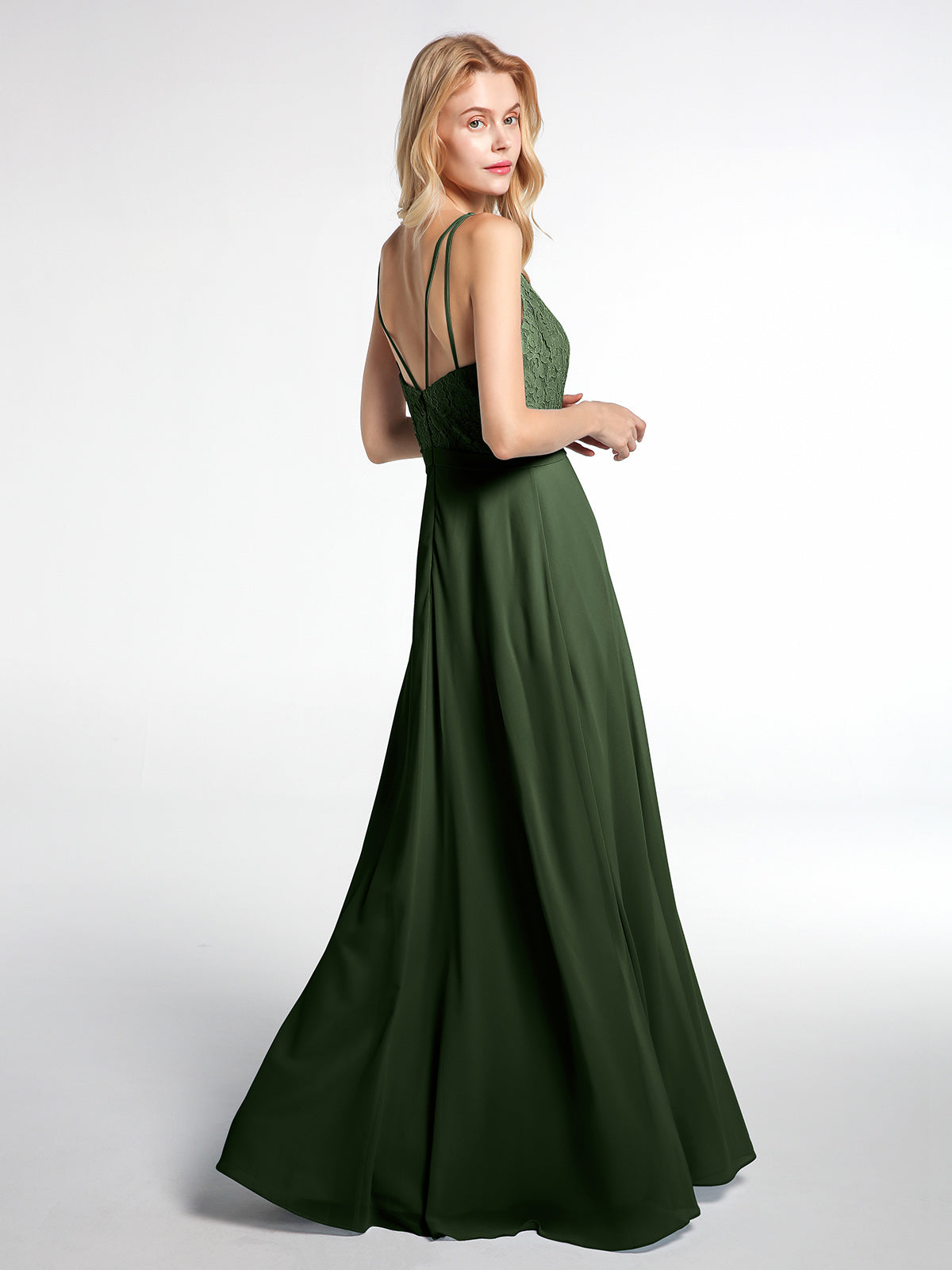 Vestido maxi con cuerpo de encaje y falda de chiffon con escote en V Verde Oliva