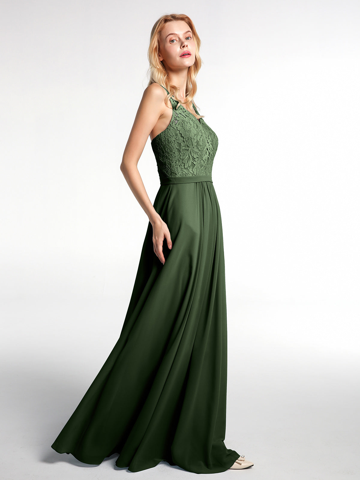 Vestido maxi con cuerpo de encaje y falda de chiffon con escote en V Verde Oliva