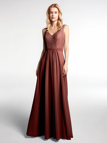 Vestido maxi con cuerpo de encaje y falda de chiffon con escote en V Terracota