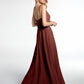 Vestido maxi con cuerpo de encaje y falda de chiffon con escote en V Terracota