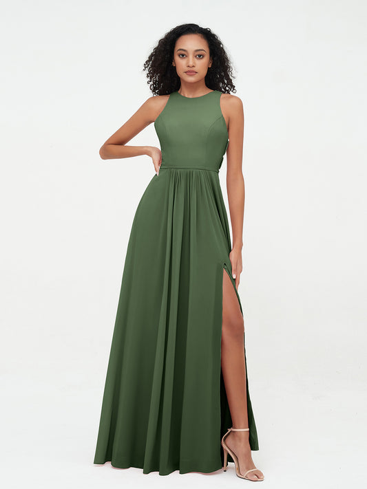 Vestidos largos de chiffon estilo princesa con abertura Verde Oliva