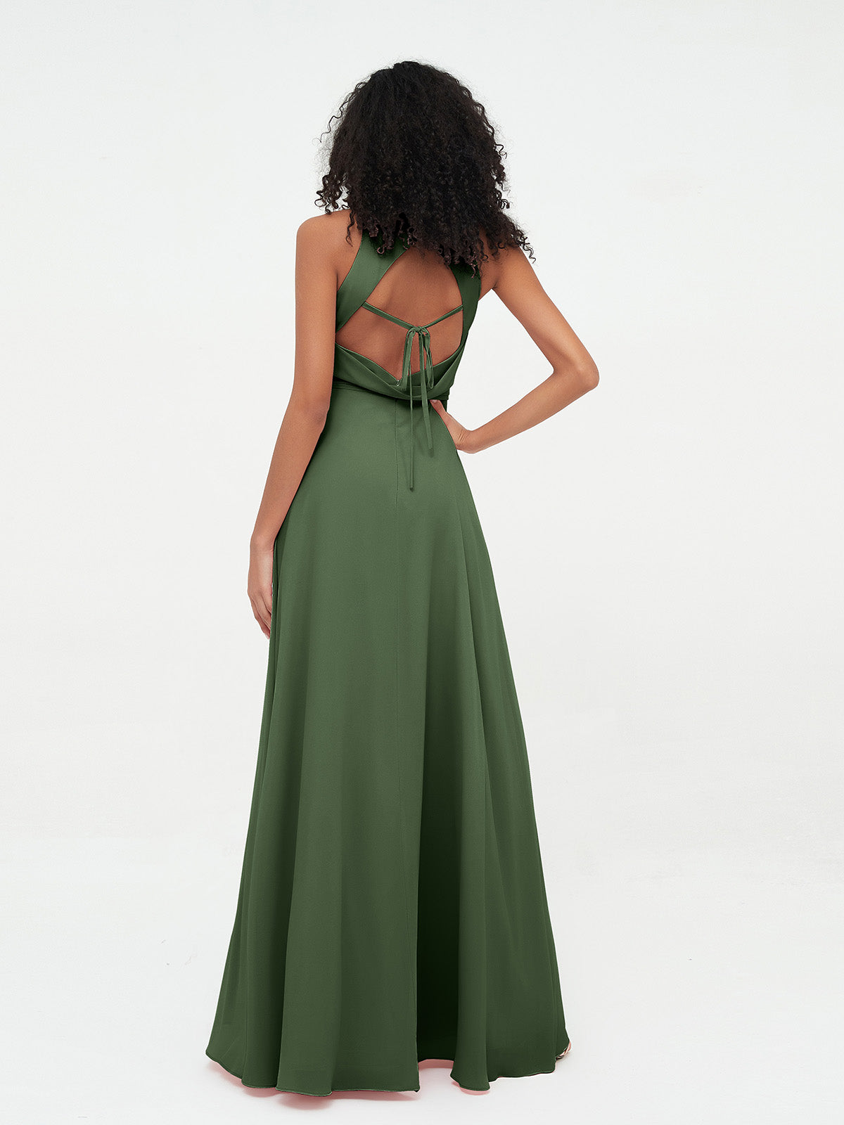 Vestidos largos de chiffon estilo princesa con abertura Verde Oliva