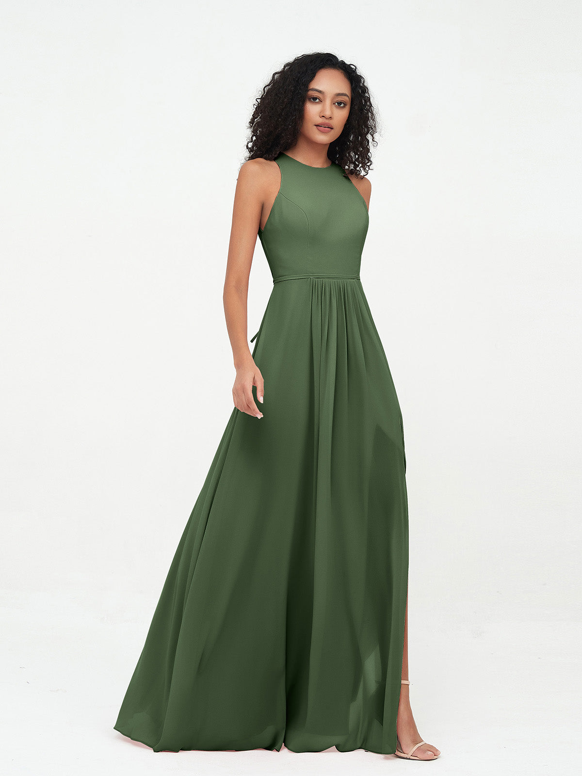 Vestidos largos de chiffon estilo princesa con abertura Verde Oliva