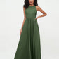 Vestidos largos de chiffon estilo princesa con abertura Verde Oliva