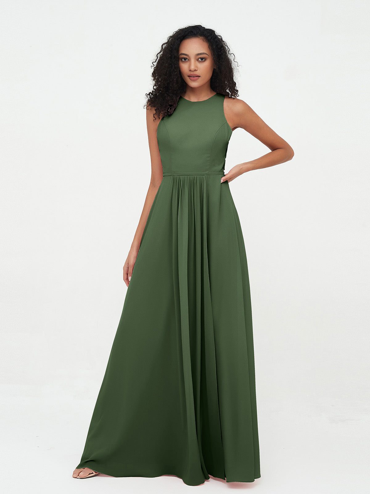 Vestidos largos de chiffon estilo princesa con abertura Verde Oliva