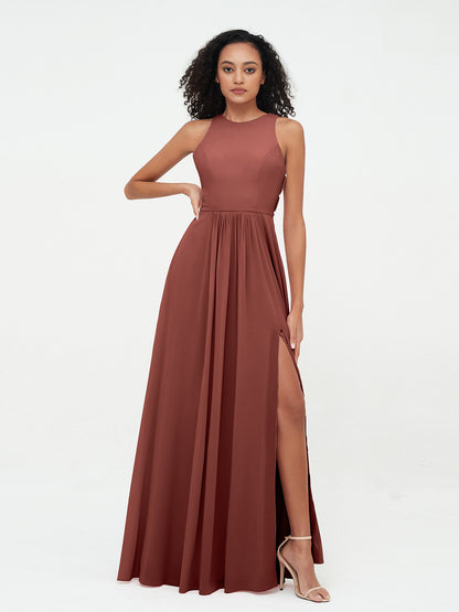 Vestidos largos de chiffon estilo princesa con abertura Terracota