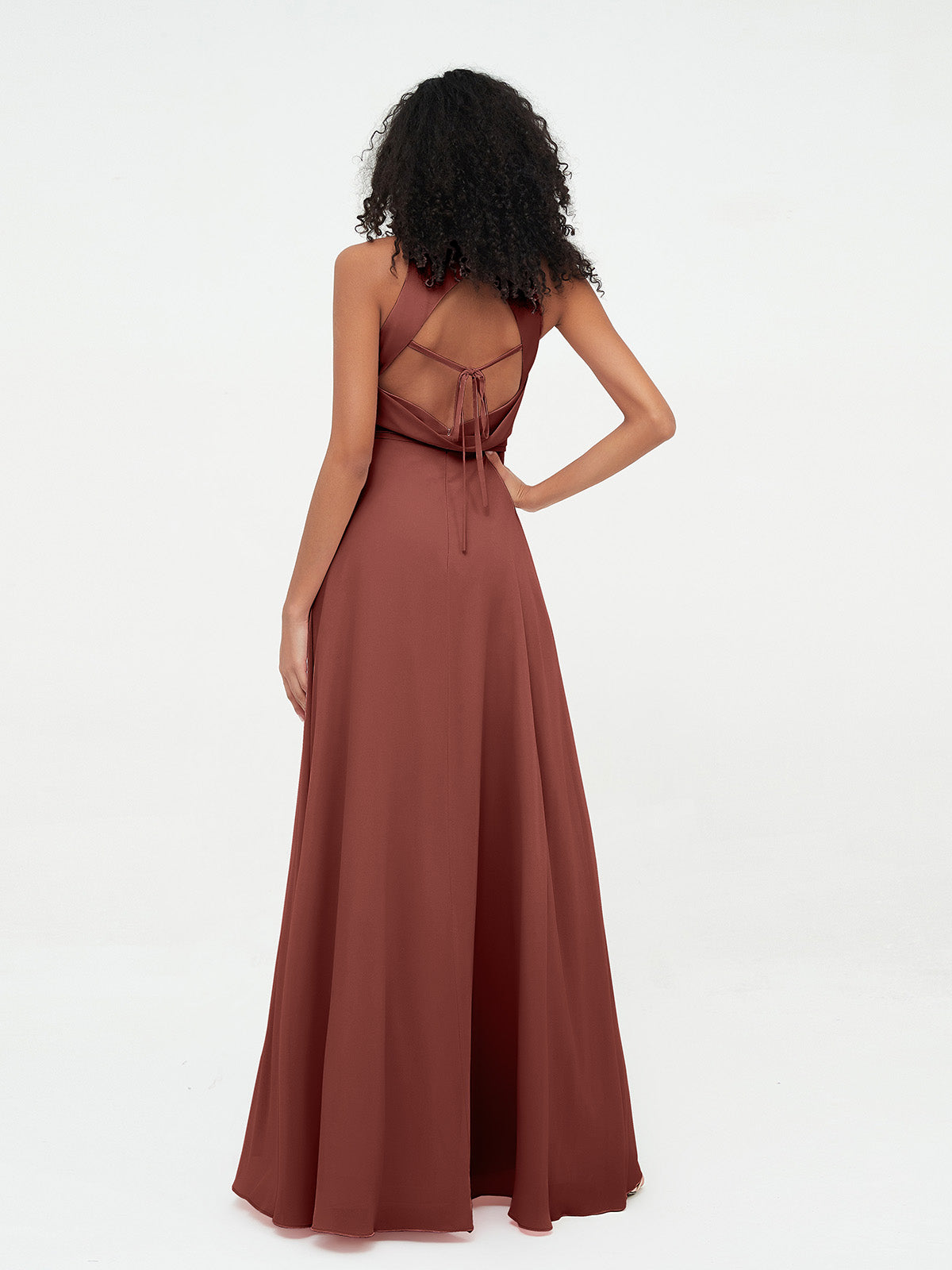 Vestidos largos de chiffon estilo princesa con abertura Terracota Tallas Grandes