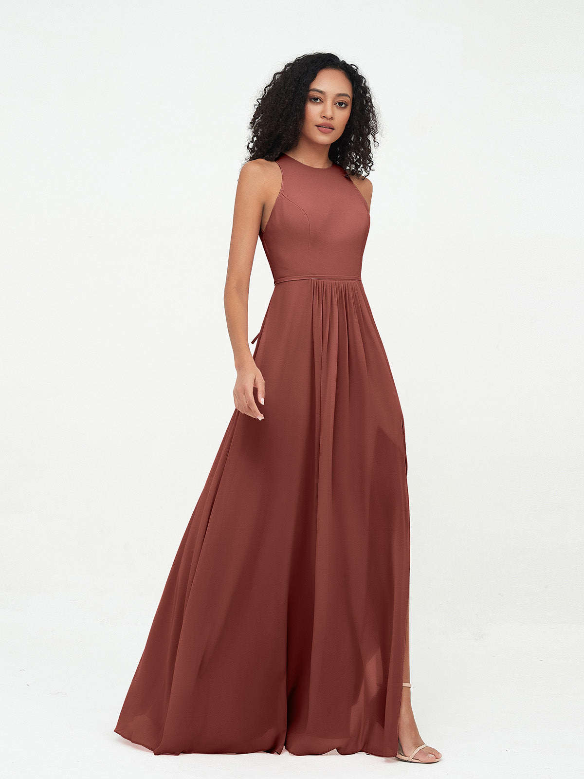 Vestidos largos de chiffon estilo princesa con abertura Terracota