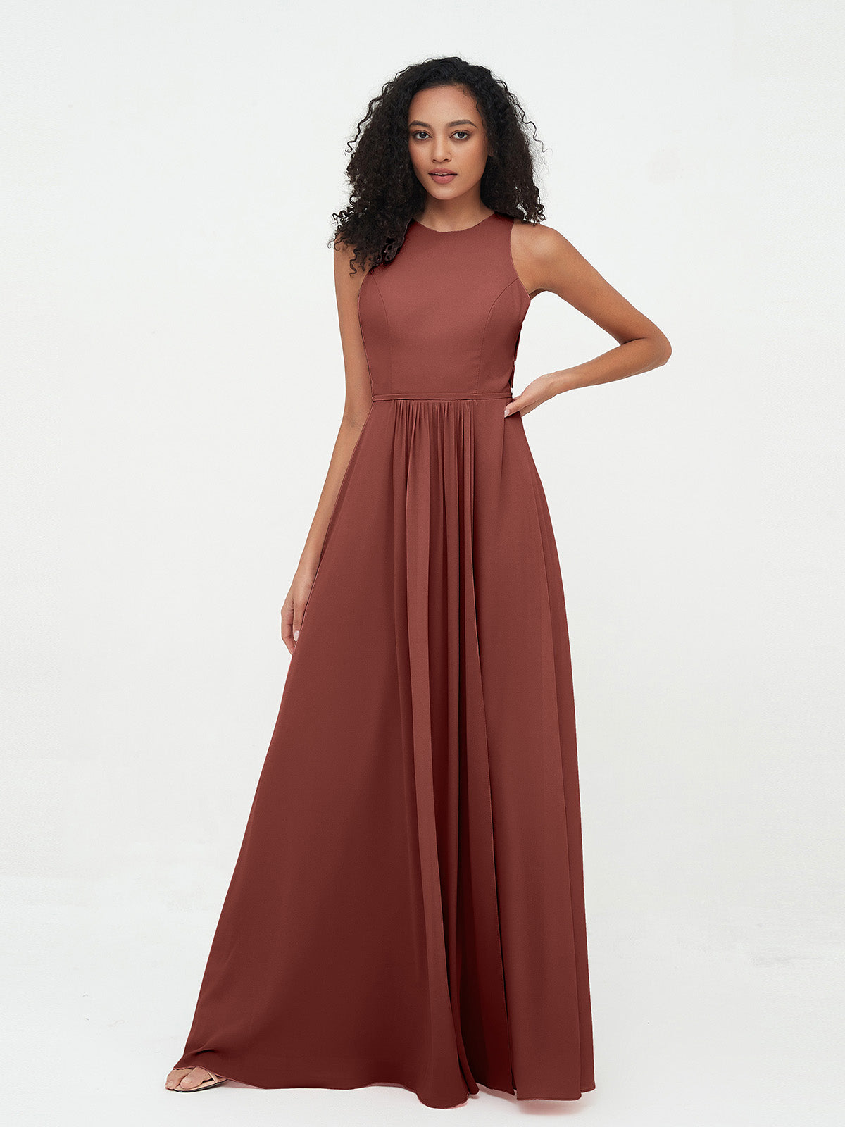 Vestidos largos de chiffon estilo princesa con abertura Terracota Tallas Grandes