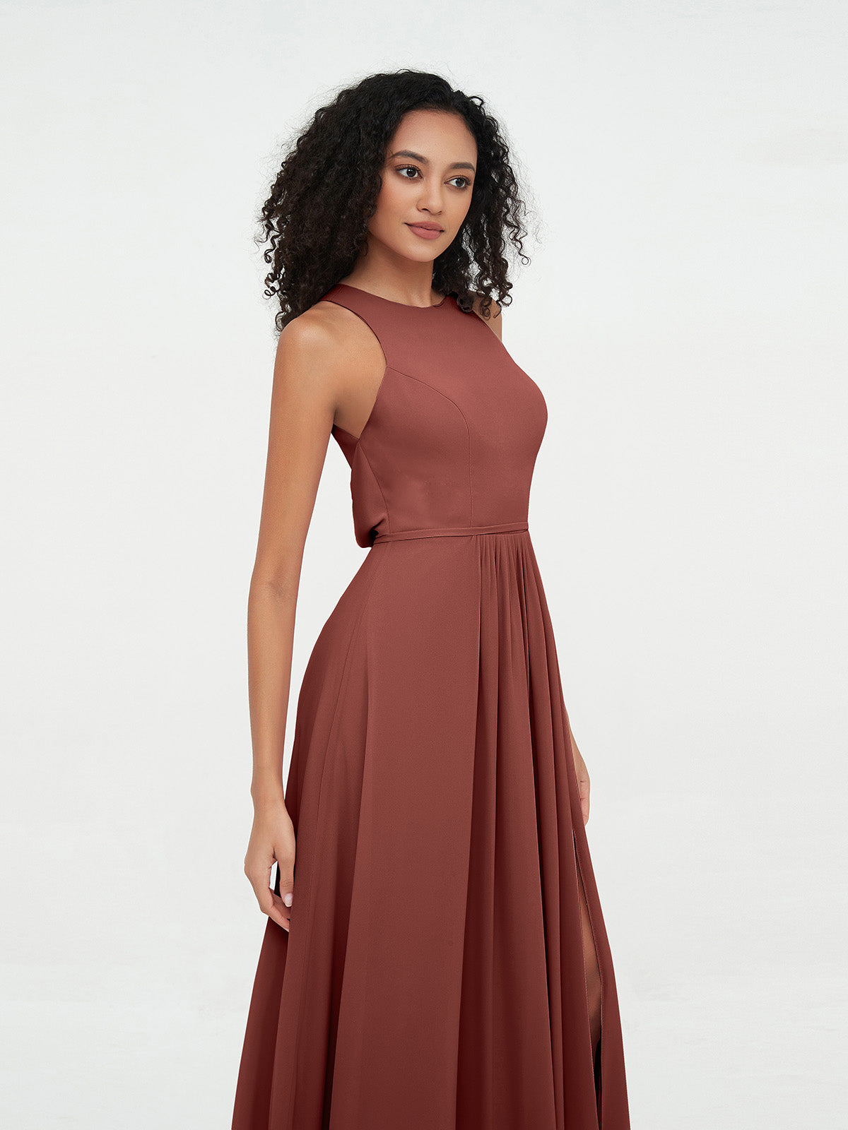 Vestidos largos de chiffon estilo princesa con abertura Terracota Tallas Grandes