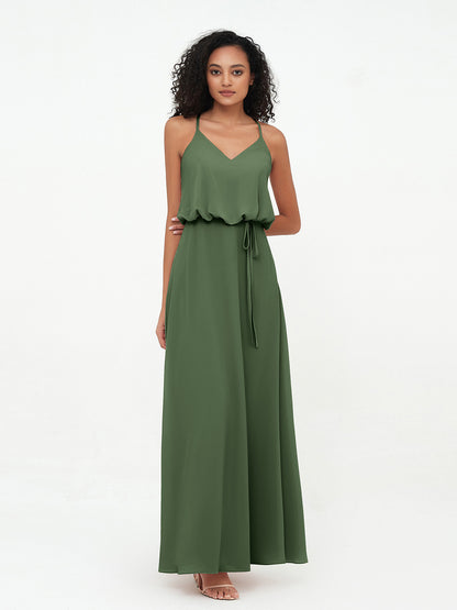 Vestidos de dama de honor de chiffon con tirantes spaghetti y escote en V Verde Oliva